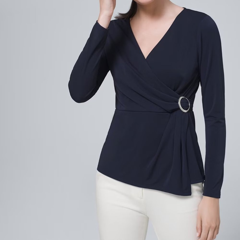 NWOT White House Black Market Top Faux Wrap Navy S